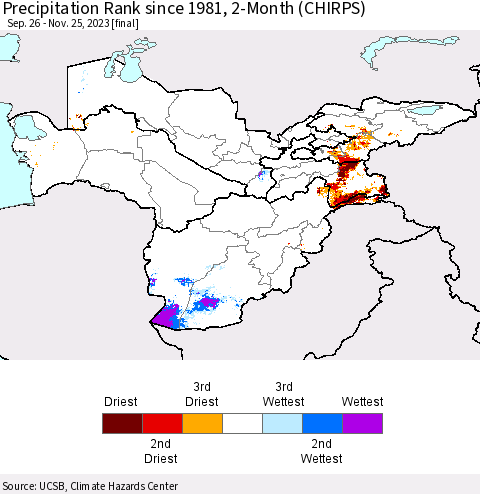 Central Asia Precipitation Rank since 1981, 2-Month (CHIRPS) Thematic Map For 9/26/2023 - 11/25/2023