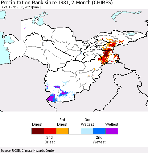 Central Asia Precipitation Rank since 1981, 2-Month (CHIRPS) Thematic Map For 10/1/2023 - 11/30/2023