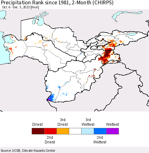 Central Asia Precipitation Rank since 1981, 2-Month (CHIRPS) Thematic Map For 10/6/2023 - 12/5/2023