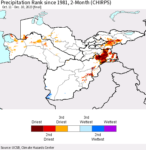 Central Asia Precipitation Rank since 1981, 2-Month (CHIRPS) Thematic Map For 10/11/2023 - 12/10/2023