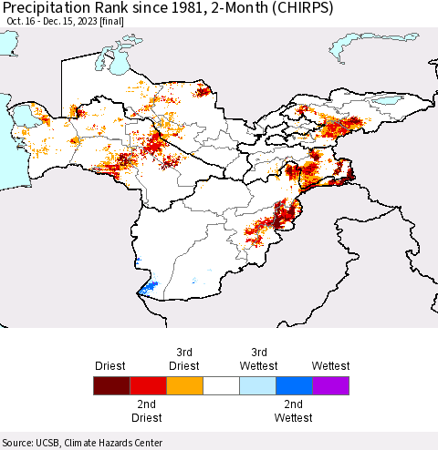 Central Asia Precipitation Rank since 1981, 2-Month (CHIRPS) Thematic Map For 10/16/2023 - 12/15/2023