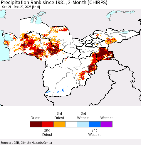 Central Asia Precipitation Rank since 1981, 2-Month (CHIRPS) Thematic Map For 10/21/2023 - 12/20/2023