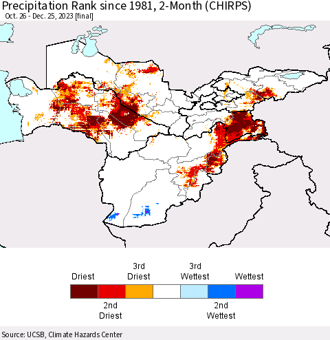 Central Asia Precipitation Rank since 1981, 2-Month (CHIRPS) Thematic Map For 10/26/2023 - 12/25/2023