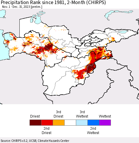 Central Asia Precipitation Rank since 1981, 2-Month (CHIRPS) Thematic Map For 11/1/2023 - 12/31/2023