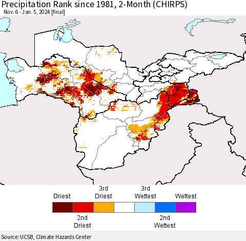Central Asia Precipitation Rank since 1981, 2-Month (CHIRPS) Thematic Map For 11/6/2023 - 1/5/2024
