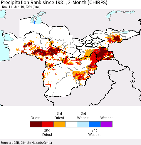 Central Asia Precipitation Rank since 1981, 2-Month (CHIRPS) Thematic Map For 11/11/2023 - 1/10/2024