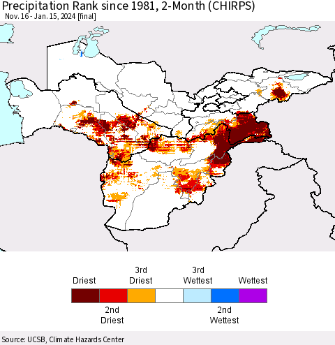 Central Asia Precipitation Rank since 1981, 2-Month (CHIRPS) Thematic Map For 11/16/2023 - 1/15/2024