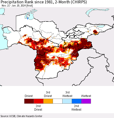 Central Asia Precipitation Rank since 1981, 2-Month (CHIRPS) Thematic Map For 11/21/2023 - 1/20/2024
