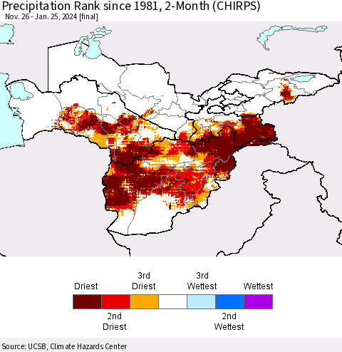 Central Asia Precipitation Rank since 1981, 2-Month (CHIRPS) Thematic Map For 11/26/2023 - 1/25/2024