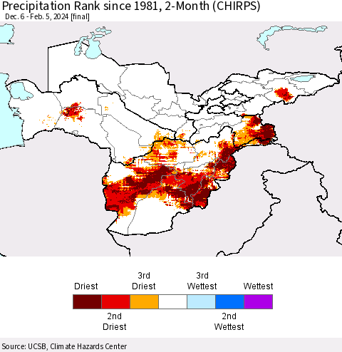 Central Asia Precipitation Rank since 1981, 2-Month (CHIRPS) Thematic Map For 12/6/2023 - 2/5/2024