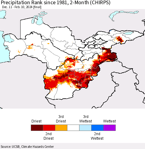 Central Asia Precipitation Rank since 1981, 2-Month (CHIRPS) Thematic Map For 12/11/2023 - 2/10/2024