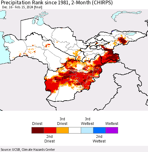 Central Asia Precipitation Rank since 1981, 2-Month (CHIRPS) Thematic Map For 12/16/2023 - 2/15/2024