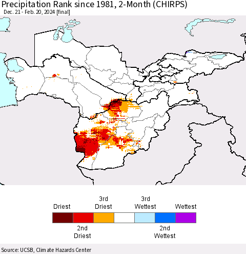 Central Asia Precipitation Rank since 1981, 2-Month (CHIRPS) Thematic Map For 12/21/2023 - 2/20/2024