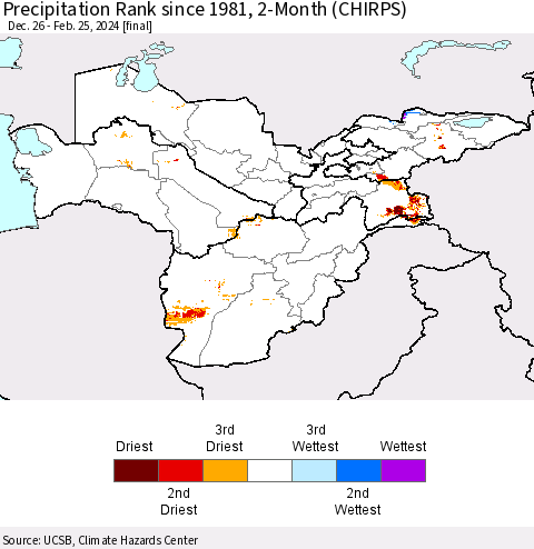 Central Asia Precipitation Rank since 1981, 2-Month (CHIRPS) Thematic Map For 12/26/2023 - 2/25/2024