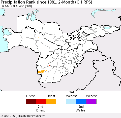 Central Asia Precipitation Rank since 1981, 2-Month (CHIRPS) Thematic Map For 1/6/2024 - 3/5/2024