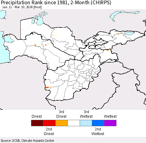 Central Asia Precipitation Rank since 1981, 2-Month (CHIRPS) Thematic Map For 1/11/2024 - 3/10/2024