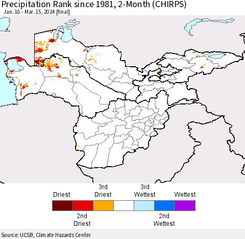 Central Asia Precipitation Rank since 1981, 2-Month (CHIRPS) Thematic Map For 1/16/2024 - 3/15/2024