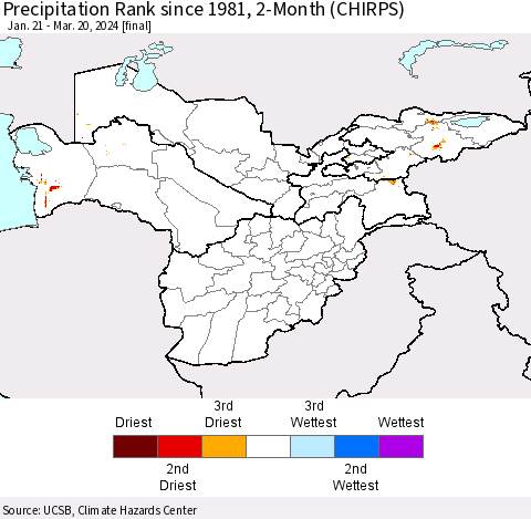 Central Asia Precipitation Rank since 1981, 2-Month (CHIRPS) Thematic Map For 1/21/2024 - 3/20/2024