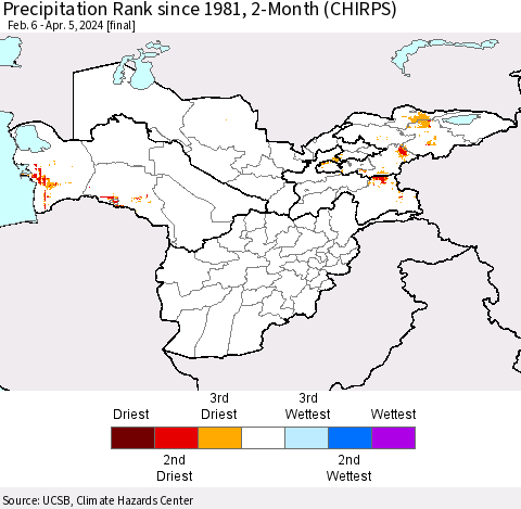 Central Asia Precipitation Rank since 1981, 2-Month (CHIRPS) Thematic Map For 2/6/2024 - 4/5/2024