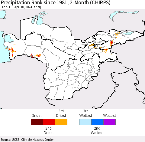 Central Asia Precipitation Rank since 1981, 2-Month (CHIRPS) Thematic Map For 2/11/2024 - 4/10/2024