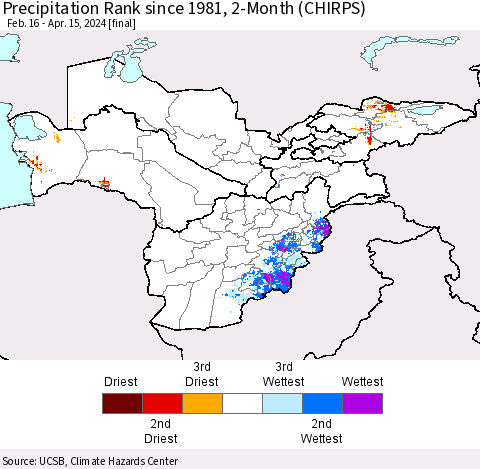 Central Asia Precipitation Rank since 1981, 2-Month (CHIRPS) Thematic Map For 2/16/2024 - 4/15/2024
