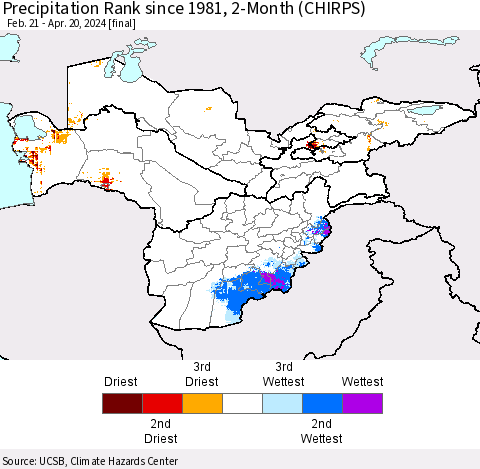 Central Asia Precipitation Rank since 1981, 2-Month (CHIRPS) Thematic Map For 2/21/2024 - 4/20/2024