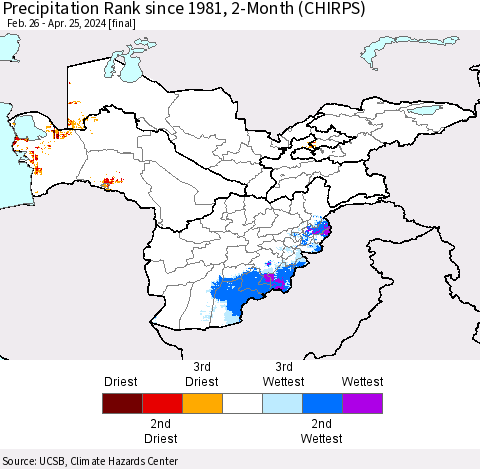Central Asia Precipitation Rank since 1981, 2-Month (CHIRPS) Thematic Map For 2/26/2024 - 4/25/2024