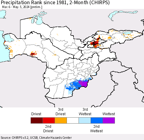 Central Asia Precipitation Rank since 1981, 2-Month (CHIRPS) Thematic Map For 3/6/2024 - 5/5/2024