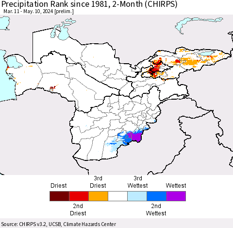 Central Asia Precipitation Rank since 1981, 2-Month (CHIRPS) Thematic Map For 3/11/2024 - 5/10/2024