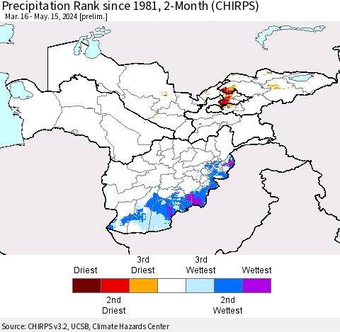 Central Asia Precipitation Rank since 1981, 2-Month (CHIRPS) Thematic Map For 3/16/2024 - 5/15/2024