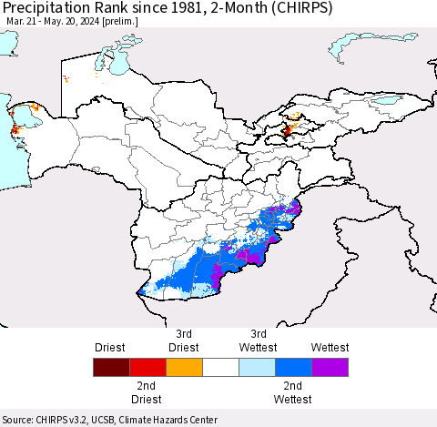 Central Asia Precipitation Rank since 1981, 2-Month (CHIRPS) Thematic Map For 3/21/2024 - 5/20/2024