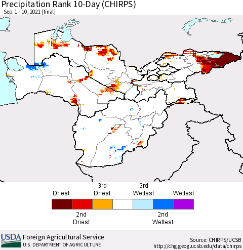 Central Asia Precipitation Rank since 1981, 10-Day (CHIRPS) Thematic Map For 9/1/2021 - 9/10/2021