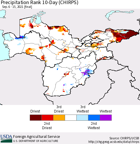 Central Asia Precipitation Rank since 1981, 10-Day (CHIRPS) Thematic Map For 9/6/2021 - 9/15/2021
