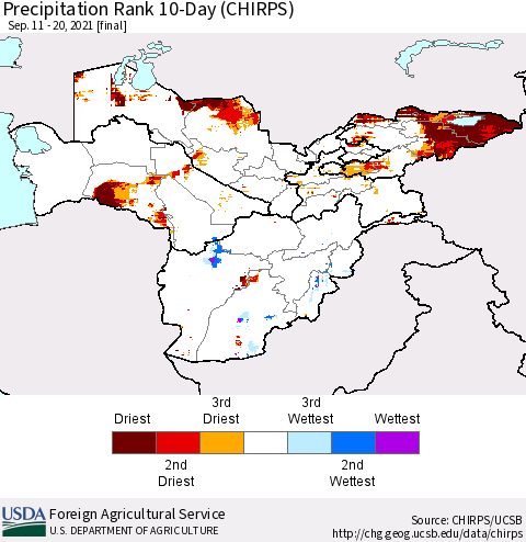 Central Asia Precipitation Rank since 1981, 10-Day (CHIRPS) Thematic Map For 9/11/2021 - 9/20/2021