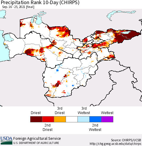 Central Asia Precipitation Rank since 1981, 10-Day (CHIRPS) Thematic Map For 9/16/2021 - 9/25/2021