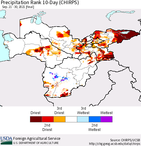 Central Asia Precipitation Rank since 1981, 10-Day (CHIRPS) Thematic Map For 9/21/2021 - 9/30/2021