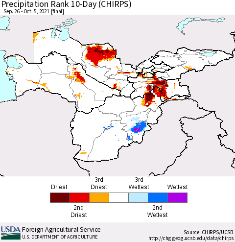 Central Asia Precipitation Rank since 1981, 10-Day (CHIRPS) Thematic Map For 9/26/2021 - 10/5/2021