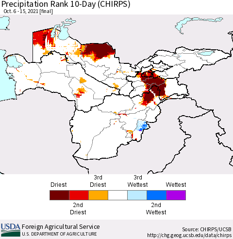 Central Asia Precipitation Rank since 1981, 10-Day (CHIRPS) Thematic Map For 10/6/2021 - 10/15/2021