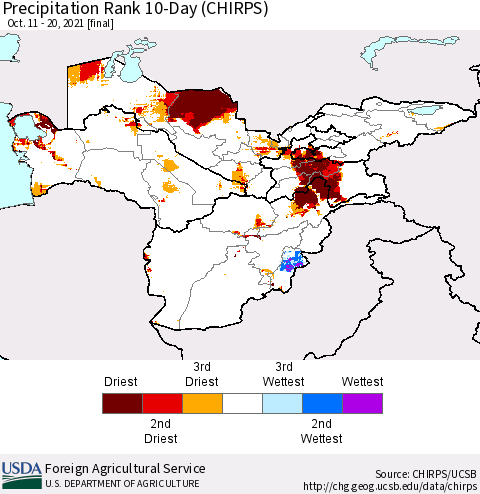 Central Asia Precipitation Rank since 1981, 10-Day (CHIRPS) Thematic Map For 10/11/2021 - 10/20/2021