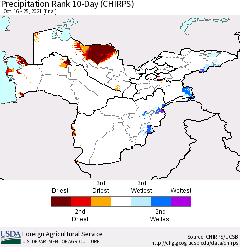 Central Asia Precipitation Rank since 1981, 10-Day (CHIRPS) Thematic Map For 10/16/2021 - 10/25/2021