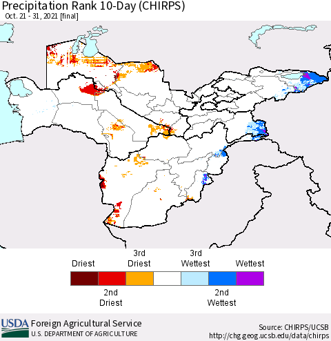Central Asia Precipitation Rank since 1981, 10-Day (CHIRPS) Thematic Map For 10/21/2021 - 10/31/2021