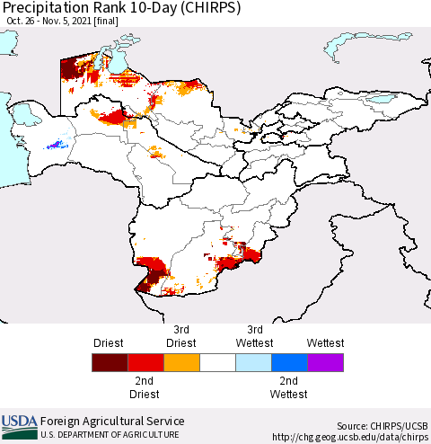 Central Asia Precipitation Rank since 1981, 10-Day (CHIRPS) Thematic Map For 10/26/2021 - 11/5/2021