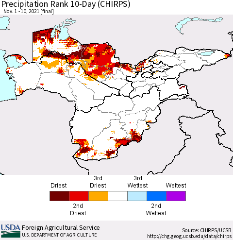Central Asia Precipitation Rank since 1981, 10-Day (CHIRPS) Thematic Map For 11/1/2021 - 11/10/2021