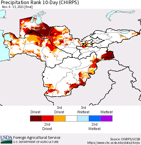 Central Asia Precipitation Rank since 1981, 10-Day (CHIRPS) Thematic Map For 11/6/2021 - 11/15/2021