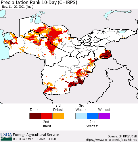 Central Asia Precipitation Rank since 1981, 10-Day (CHIRPS) Thematic Map For 11/11/2021 - 11/20/2021