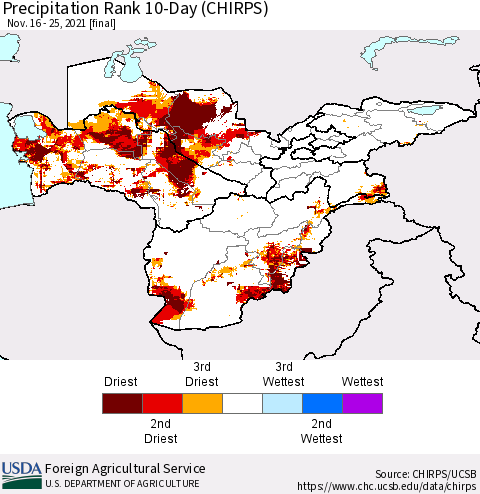 Central Asia Precipitation Rank since 1981, 10-Day (CHIRPS) Thematic Map For 11/16/2021 - 11/25/2021