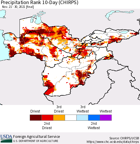 Central Asia Precipitation Rank since 1981, 10-Day (CHIRPS) Thematic Map For 11/21/2021 - 11/30/2021
