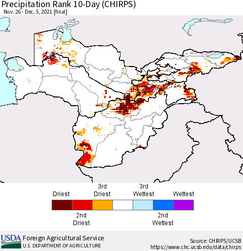 Central Asia Precipitation Rank since 1981, 10-Day (CHIRPS) Thematic Map For 11/26/2021 - 12/5/2021