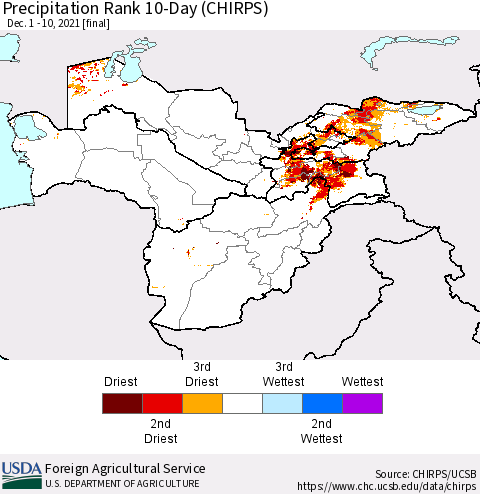 Central Asia Precipitation Rank since 1981, 10-Day (CHIRPS) Thematic Map For 12/1/2021 - 12/10/2021