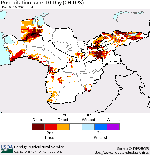 Central Asia Precipitation Rank since 1981, 10-Day (CHIRPS) Thematic Map For 12/6/2021 - 12/15/2021